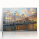 Mid-century modernist palace architecture in muted earth tones, framed acrylic print, suited for modern art wall decor.