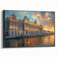 Black and white framed canvas featuring a vintage-style landscape of a palace, ideal for bedroom wall decor.