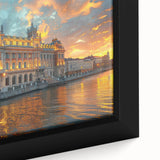 Close-up of a black wall art featuring a textured, colorful palace design on a framed canvas, ideal for living room decor.