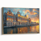 Framed canvas featuring a vintage-style landscape art painting of a palace, with muted gold and black tones.