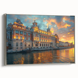 Vintage poster art of a grand palace in muted colors on framed canvas, excellent for living room decor.