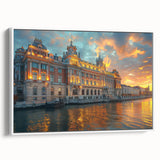 Framed canvas depicting a vintage black and white landscape painting, ideal for bedroom wall art.