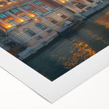 Art deco poster featuring a geometric palace design in muted gold and navy, ideal for dining room wall art, on rolled canvas.