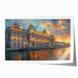 Extra large rolled print of a detailed palace architecture in muted beige and white, ideal for art wall dining room.