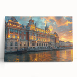 Black and white photo of a leaning palace on stretched canvas, suitable as large kitchen wall art or for bedroom ambiance.