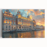 Black and white photo of a grand palace on stretched canvas, suitable for kitchen wall art.