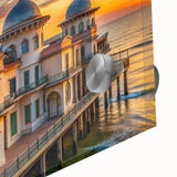 Large abstract wall art featuring mid-century modernist architecture in muted gray and blue tones, ideal for dining room art.