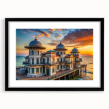 Extra large abstract art print featuring a colorful, textured depiction of a palace, framed in black.