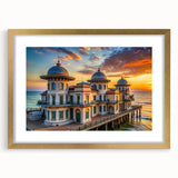 Textured abstract art print of a palace in muted gold and white tones, framed with a gold mat, ideal for bedroom art.