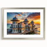 Abstract art print of a palace design in muted silver and gray tones on a framed canvas, suitable for dining room decor.