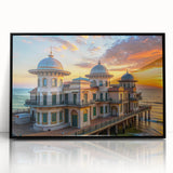 Large abstract wall art featuring mid-century modernist architecture in black and gray tones on a framed acrylic print.