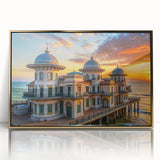 Mid-century modernist art of a palace in muted gold tones on framed acrylic, suitable for nursery wall art.