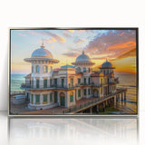 Art deco poster of a palace architecture design in silver and gray tones, acrylic framed, suitable for modern nursery decor.