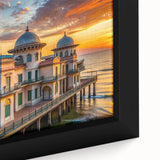 Close-up of a black wall art featuring a textured, colorful abstract design on a large framed canvas.