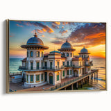 Framed canvas featuring a vintage palace design in gold and black, ideal for adding a regal touch to any living room.