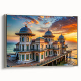 Vintage poster art of a palace design in colorful hues on a large framed canvas, suitable for living room decor.