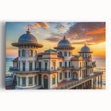 Large black and white photo of a palace on stretched canvas, ideal for kitchen wall art.