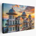 Side view of a large stretched canvas featuring a detailed palace architecture design in neutral tones.