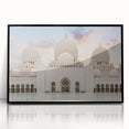 Large abstract wall art depicting a mid-century modernist palace design in black and white tones, acrylic print framed.