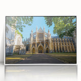 Large art print of a mid-century modernist palace, framed in white acrylic, in muted earth tones.