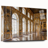 Large abstract wall art featuring a palace design in muted gold and white tones on acrylic glass.