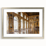 Abstract art print of a palace design in muted gold and beige tones, framed in silver, ideal for dining room decor.
