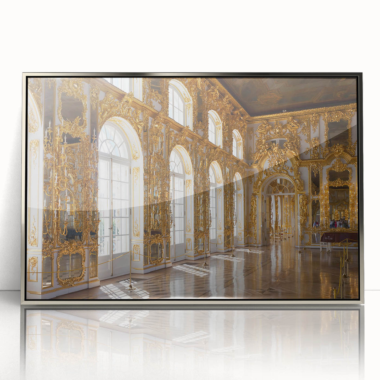 Art Deco poster of a palace architecture depicted in silver and gray tones on a framed acrylic.