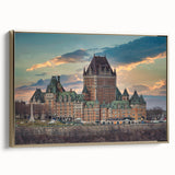 Framed canvas depicting a vintage palace design in muted gold and black tones.