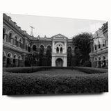 Large abstract wall art on acrylic glass depicting a modern palace design in neutral tones.