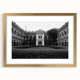 Textured abstract art print of a palace, in muted gold and white tones on a framed canvas, suitable for bedroom decor.