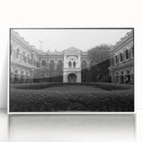 Mid-century modernist palace design in muted beige and white tones on a framed acrylic, suitable for modern art wall decor.