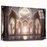 Acrylic print of a large abstract palace design in muted gray and blue tones, ideal for dining room art.