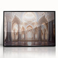 Large abstract wall art featuring a mid-century modernist palace design in black and white tones, framed acrylic.