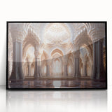 Large abstract wall art featuring a mid-century modernist palace design in black and white tones, framed acrylic.