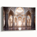 Extra large framed canvas of a vintage poster art depicting a classical palace in muted silver and black tones.