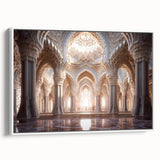 Framed canvas of a vintage-style palace landscape in muted black and white, ideal for bedroom wall art.