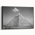 Black and white framed canvas of pyramids in a vintage poster style, suitable for bedroom wall decor.