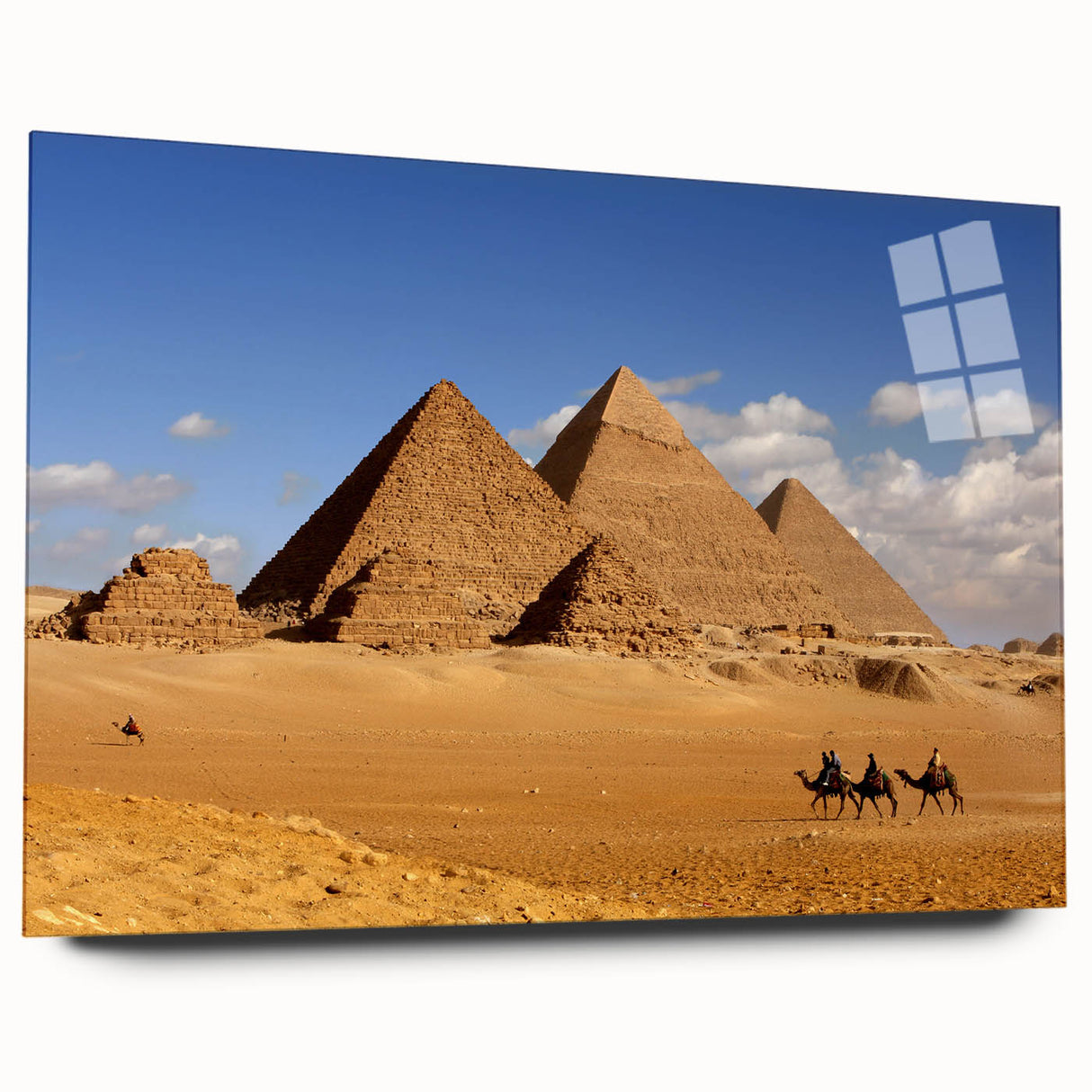 Large abstract wall art of pyramids in muted earth tones on acrylic glass, suitable for bedroom or dining room decor.