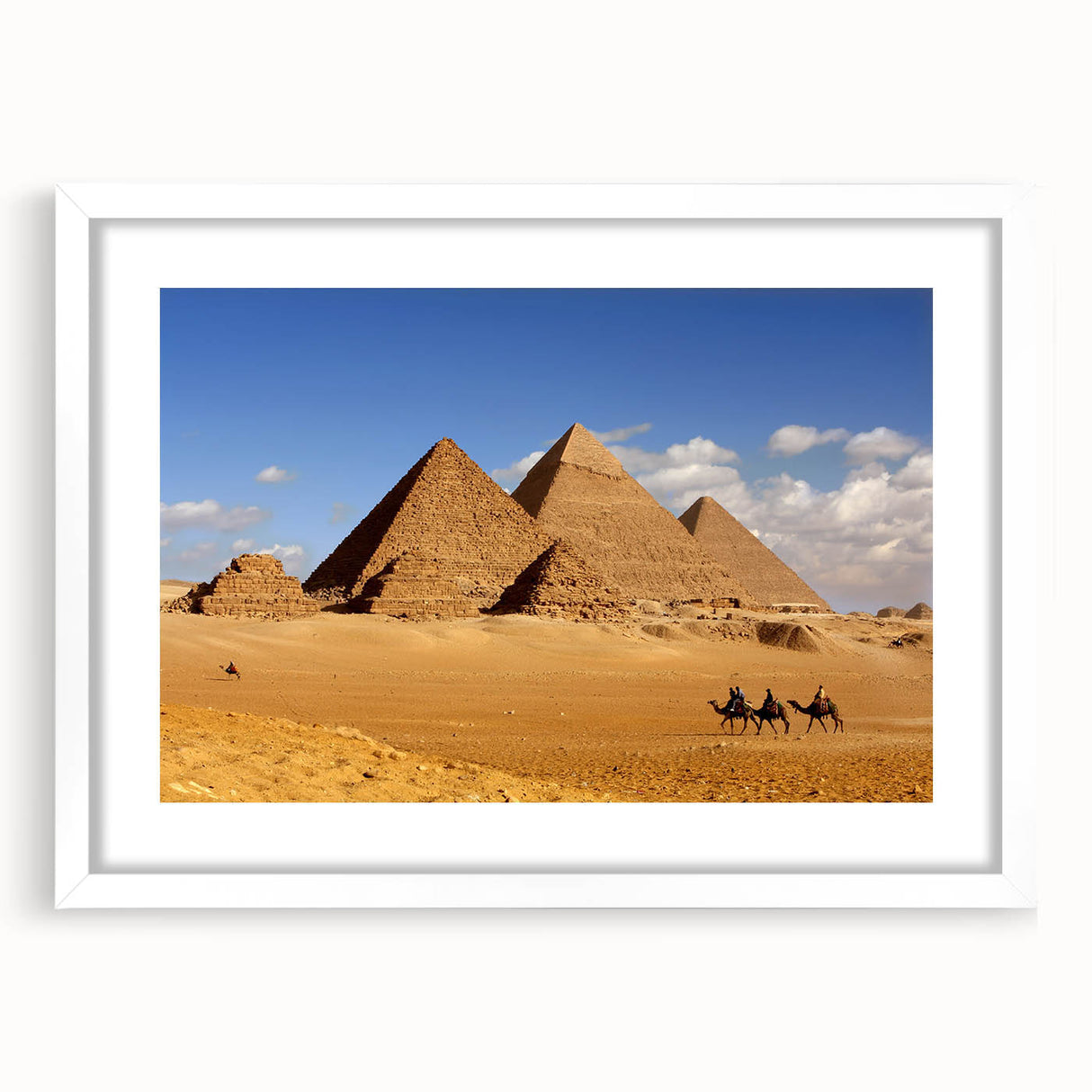 Extra large abstract art print featuring textured pyramids design in muted earth tones, framed with a white mat.