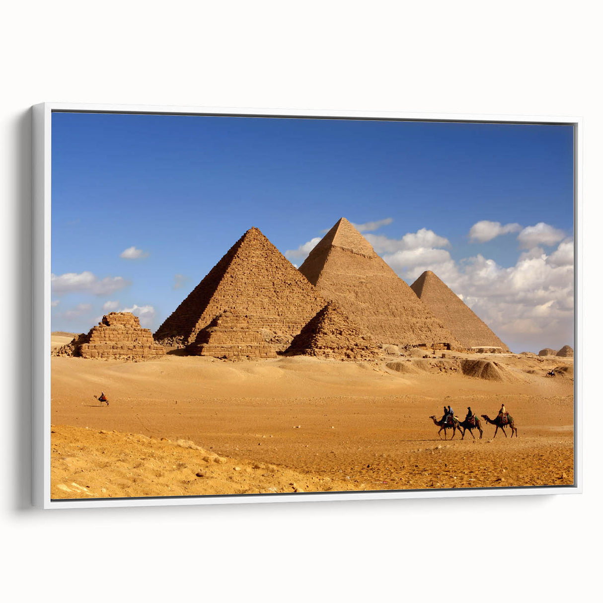 Framed canvas featuring a monochrome vintage poster of pyramids, ideal for bedroom wall art.