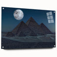 Large abstract wall art depicting pyramids in muted earth tones on acrylic glass, suitable for bedroom or dining room decor.