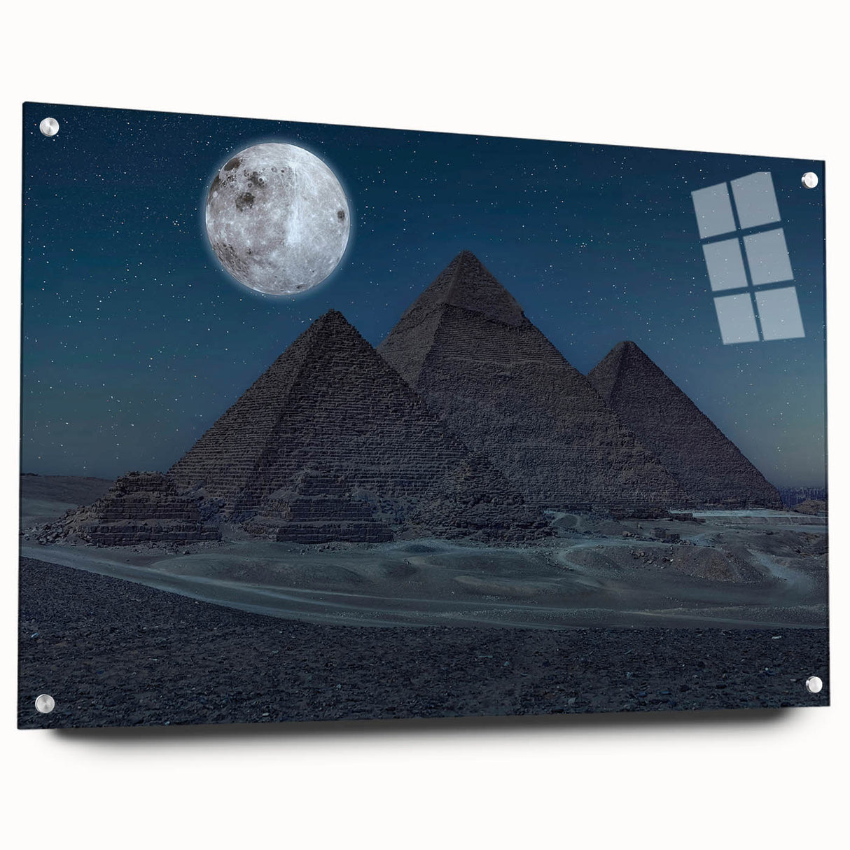 Large abstract wall art depicting pyramids in muted earth tones on acrylic glass, suitable for bedroom or dining room decor.