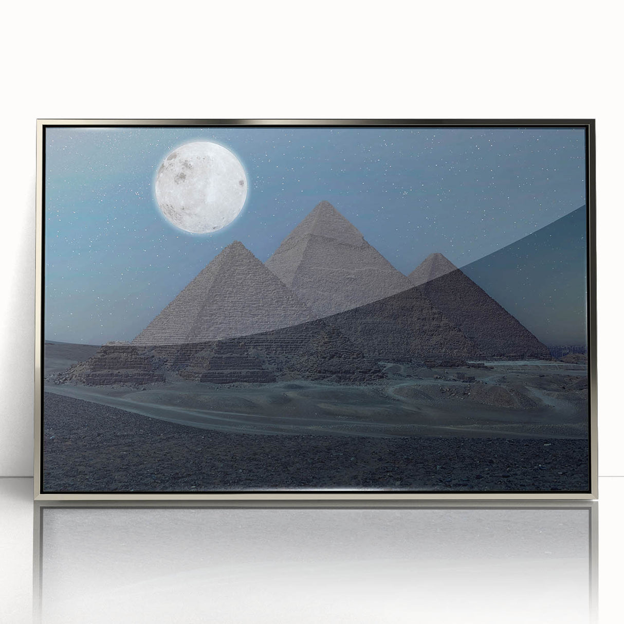 Art deco poster featuring geometric pyramids in silver and gray tones on framed acrylic, ideal for modern art wall decor.
