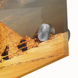 Mid-century modernist acrylic print of abstract pyramids in earth tones, ideal for dining room art.