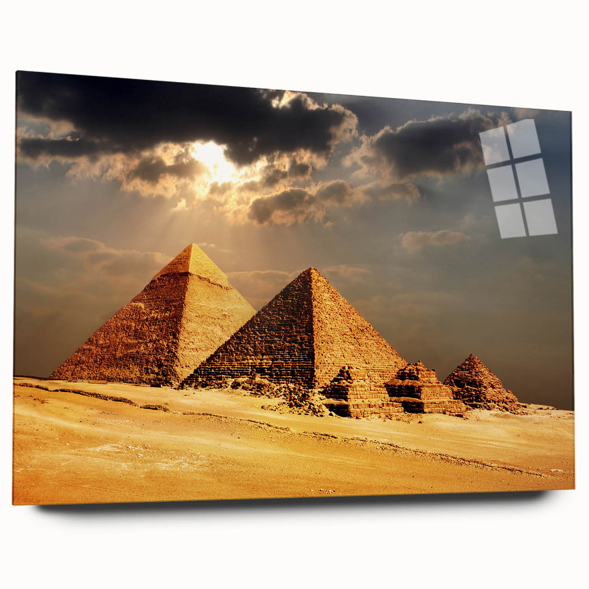 Large abstract wall art of pyramids in muted earth tones on acrylic glass, ideal for bedroom or dining room decor.