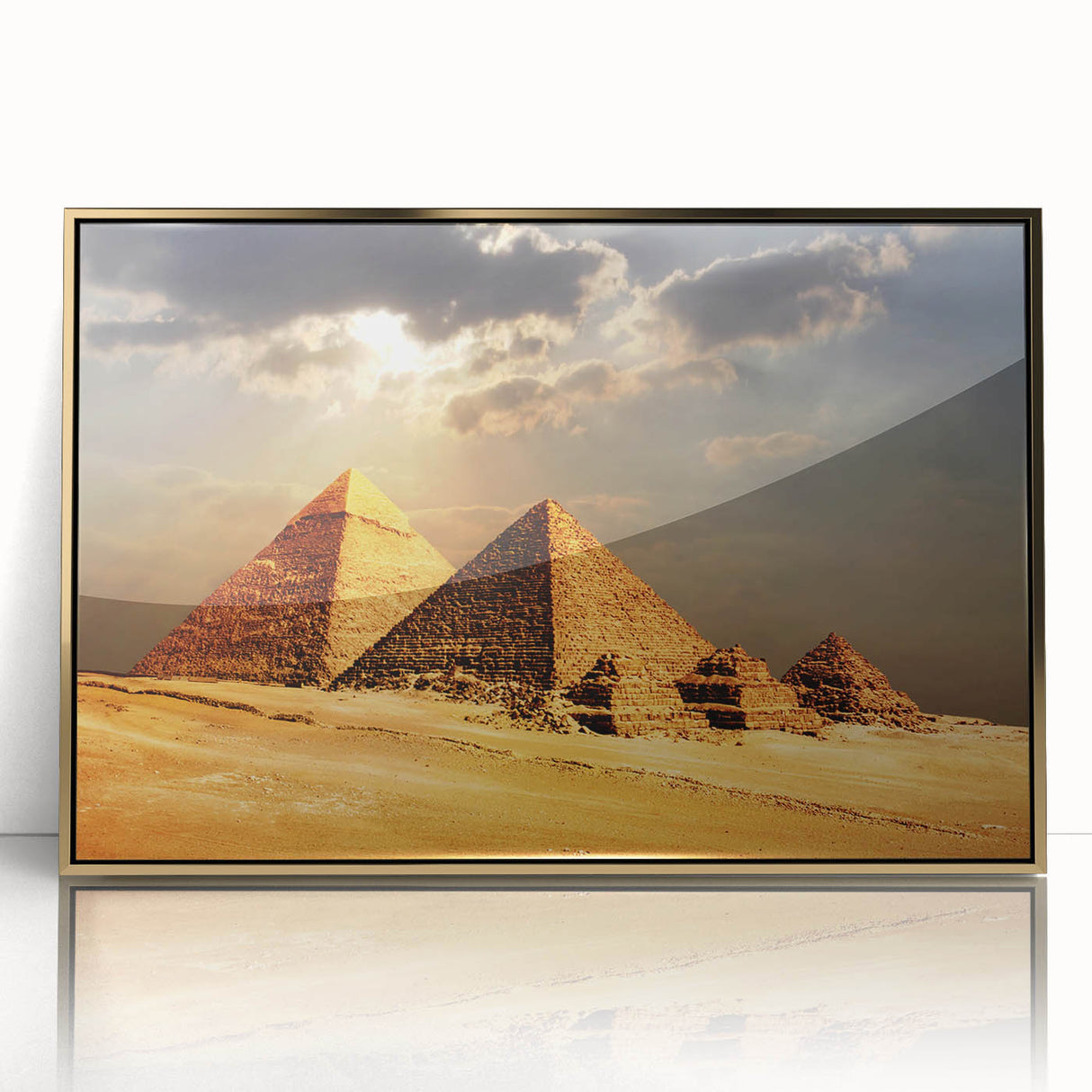 Mid-century modernist art of pyramids in gold and black acrylic print, ideal for nursery wall decor.