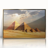 Mid-century modernist art of pyramids in gold and black acrylic print, ideal for nursery wall decor.