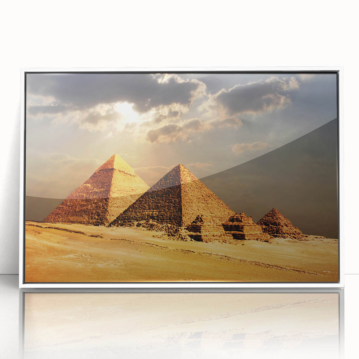 Mid-century modernist acrylic print of pyramids in muted earth tones, ideal for modern art wall decor.