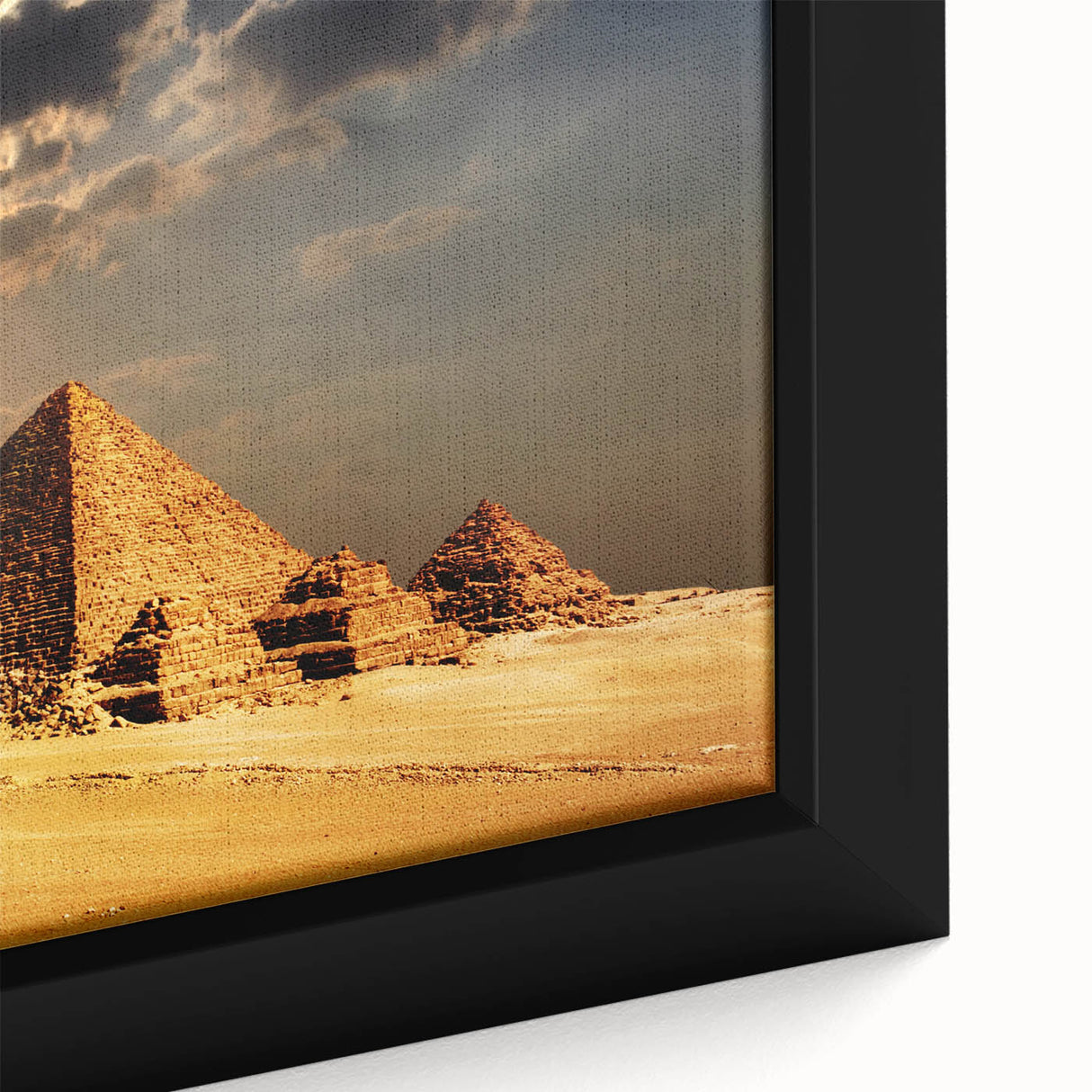 Extra large framed canvas featuring a textured black pyramid design with colorful accents, ideal for living room decor.