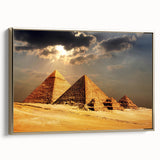 Framed canvas featuring a vintage poster of colorful landscape art paintings with pyramids, in gold and black tones.